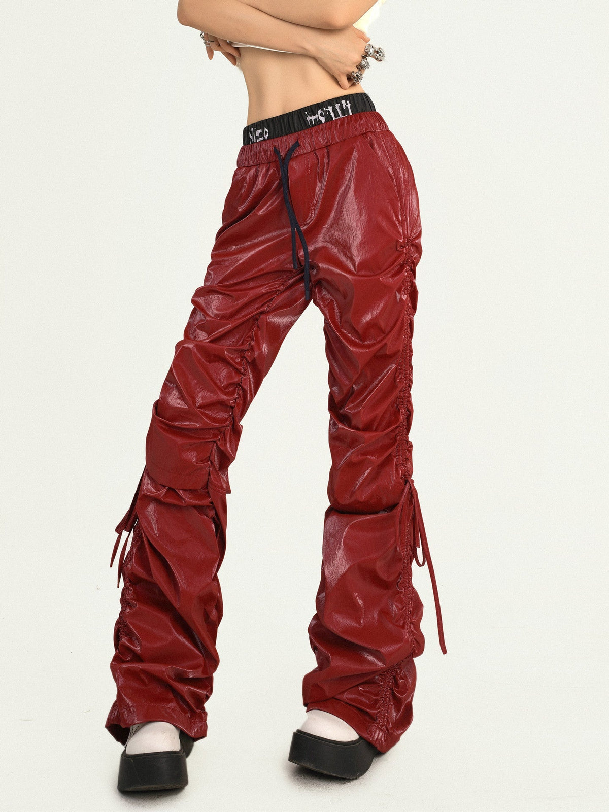 Tie Cord Pleats Double Waist Pants