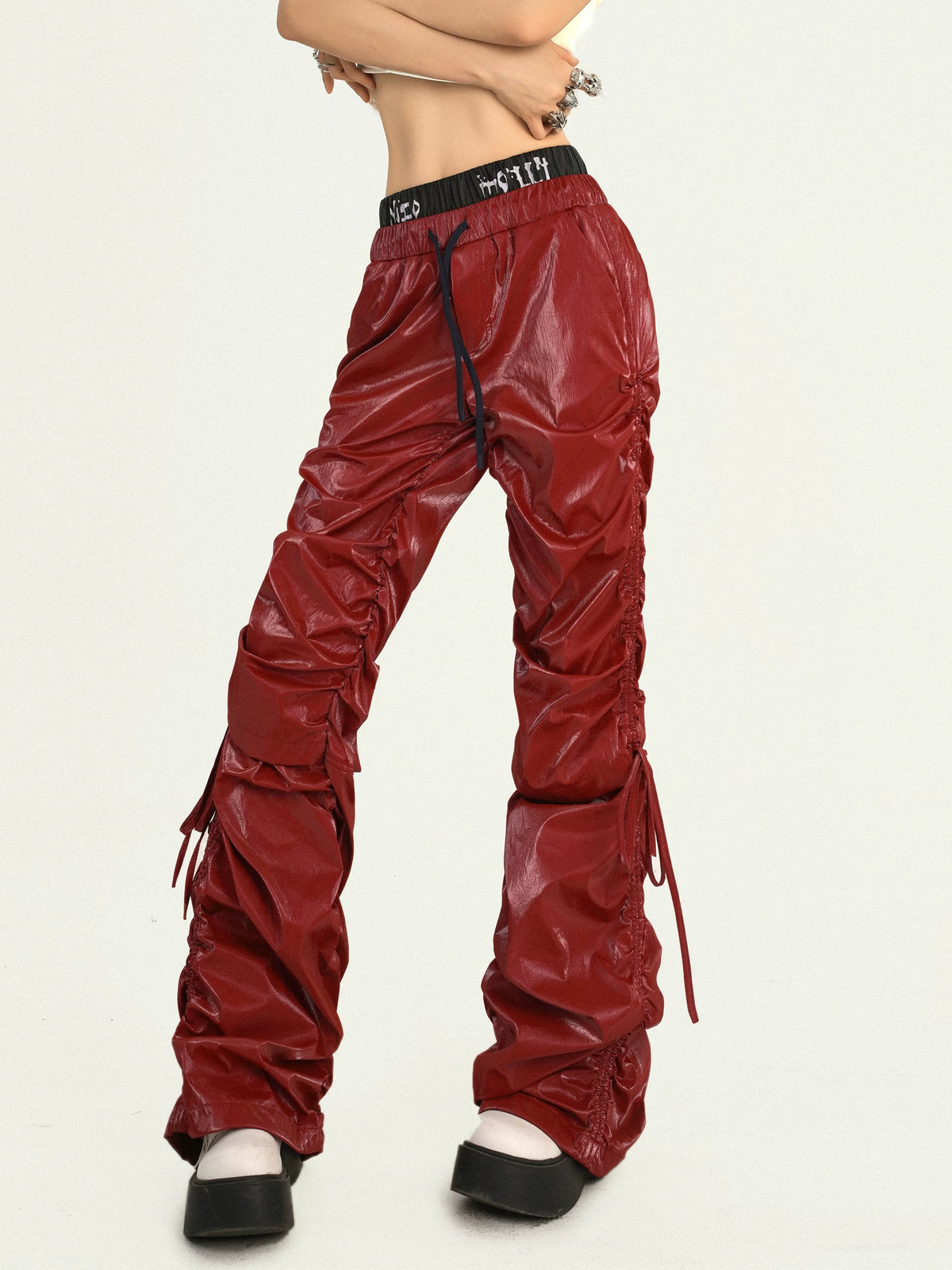 Tie Cord Pleats Double Waist Pants