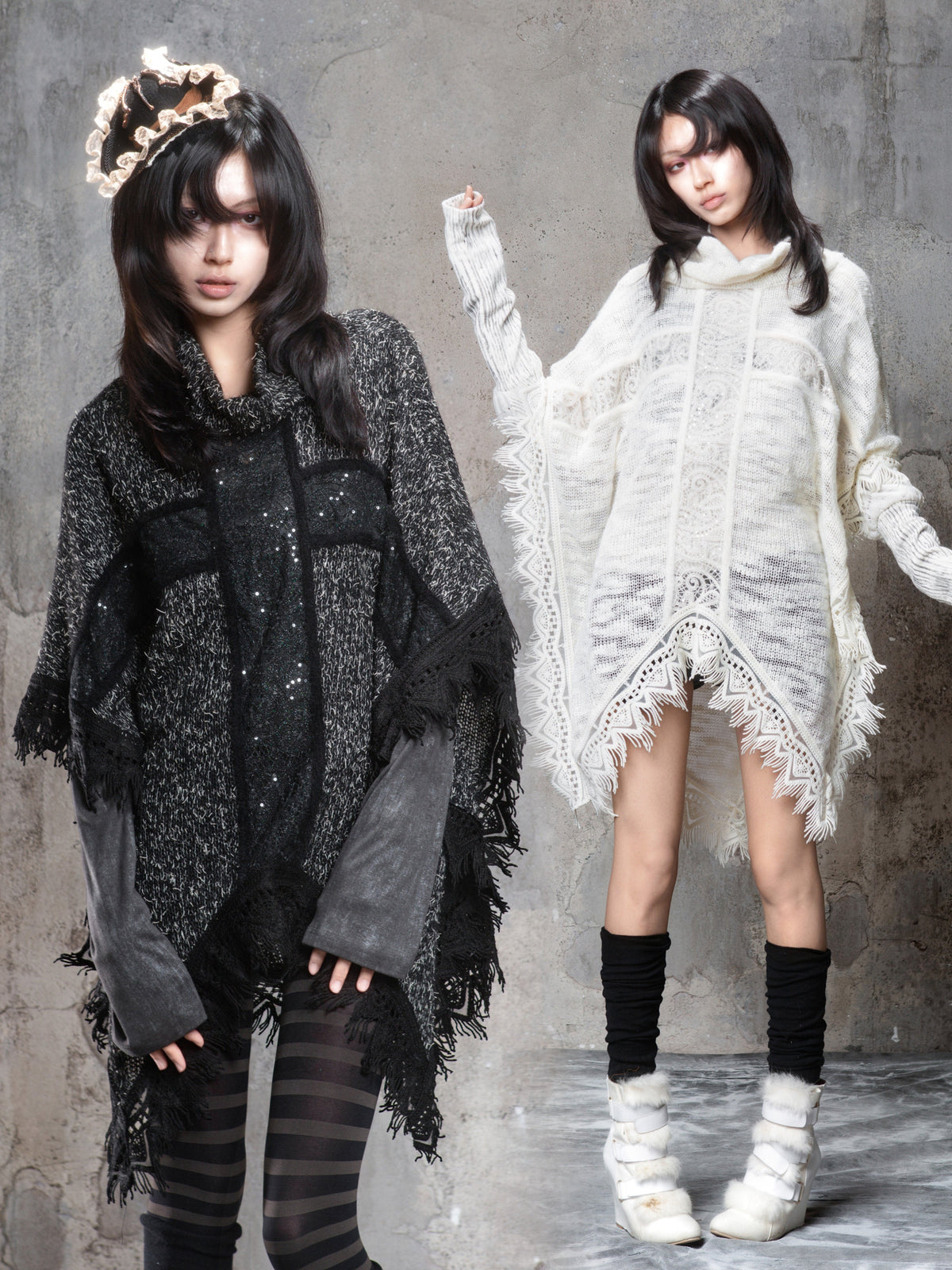 Punk Cross Cape Asymmetric Fringe Knit Sweater