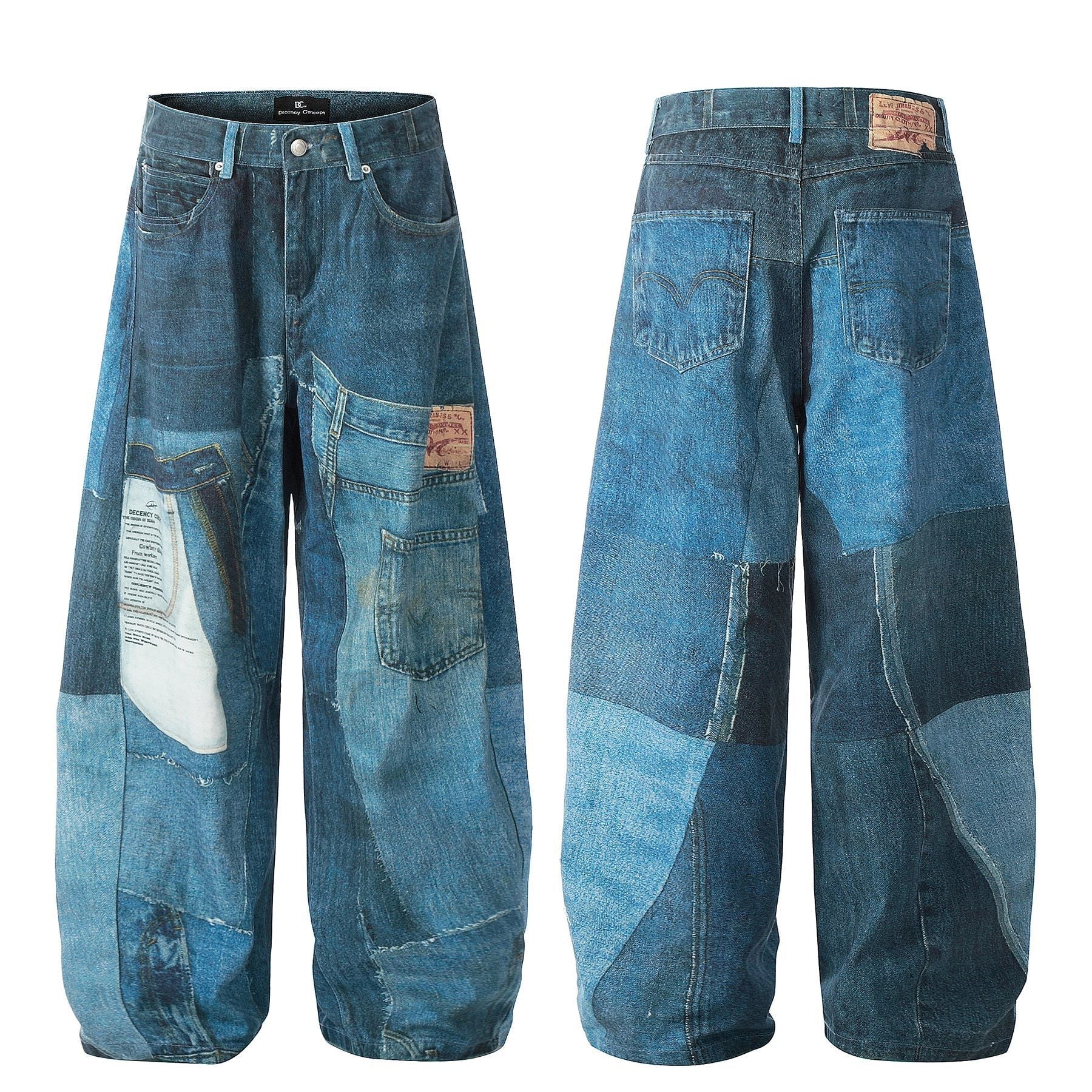 Washed Irregular Print Wide Leg Curved Denim Jeans