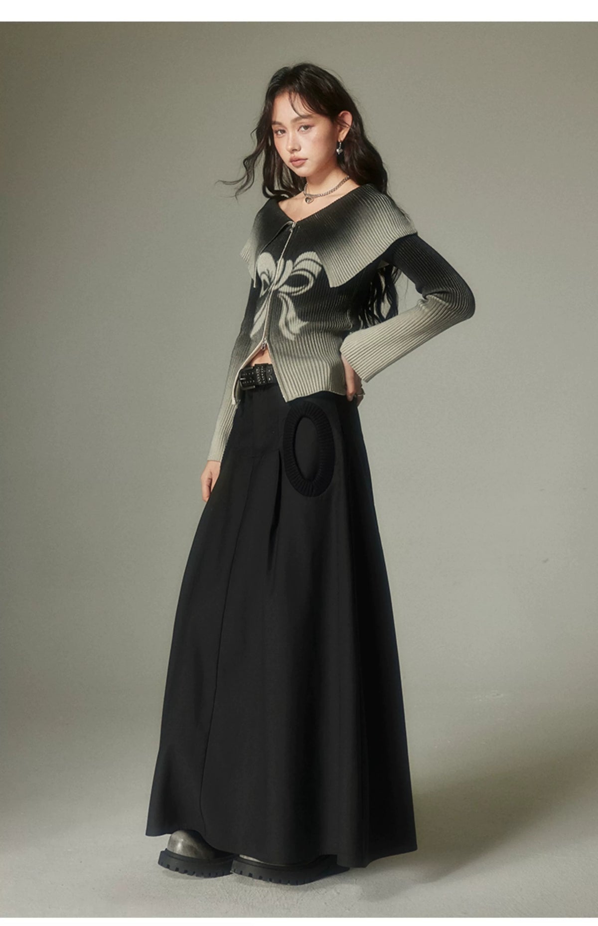 Bow Gradient Print Zipper Knit Sweater