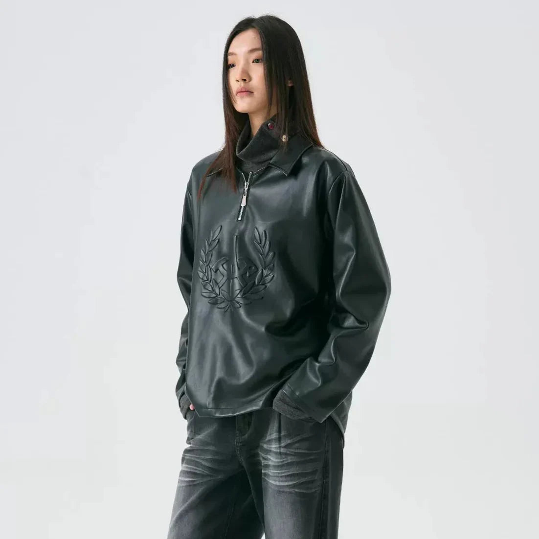 PU Leather Long Sleeve Polo Shirt