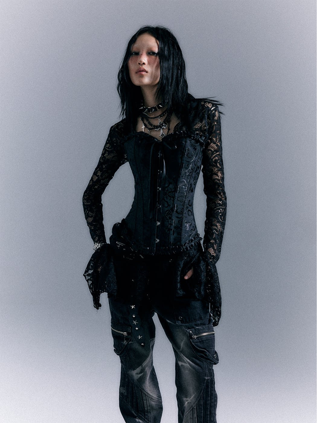 Lace-Up Corset Top & Lace Long Sleeve Dress Setup