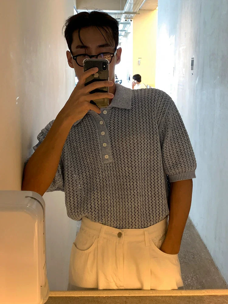 Hollow-Out Knit Short Sleeve Polo Shirt
