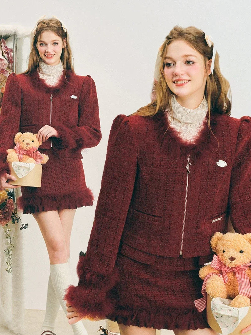 Fur Jacquard Zipper Jacket & Short Skirt Setup