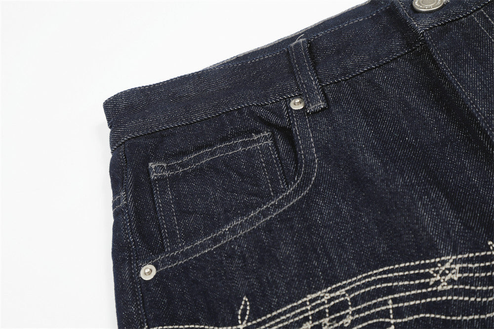 Musical Embroidery Wide-Leg Jeans