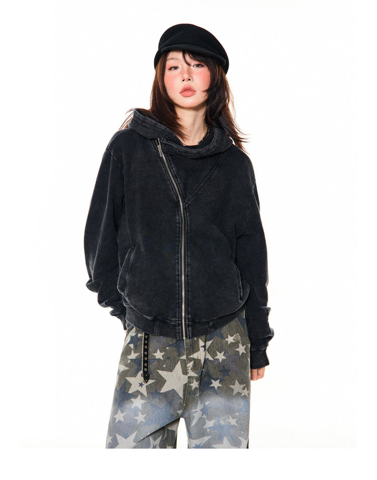Asymmetrical Zipper Oversize Hooded Jacket