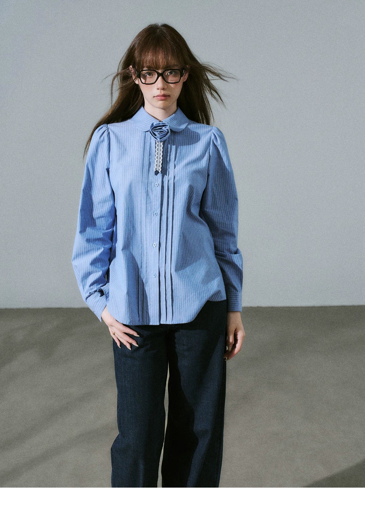Lace & Flower Detail Stripe Long Sleeve Shirt