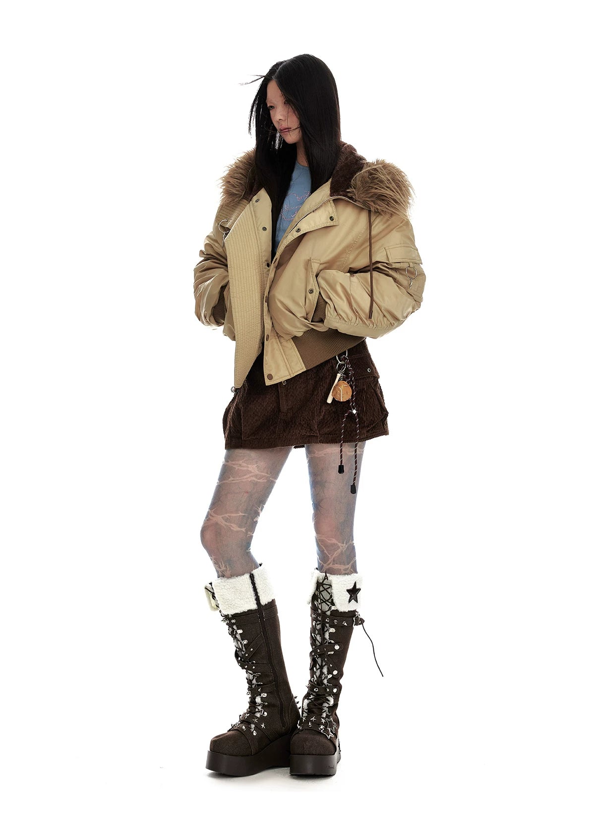 Hooded Fur-Collar White Duck Down Jacket