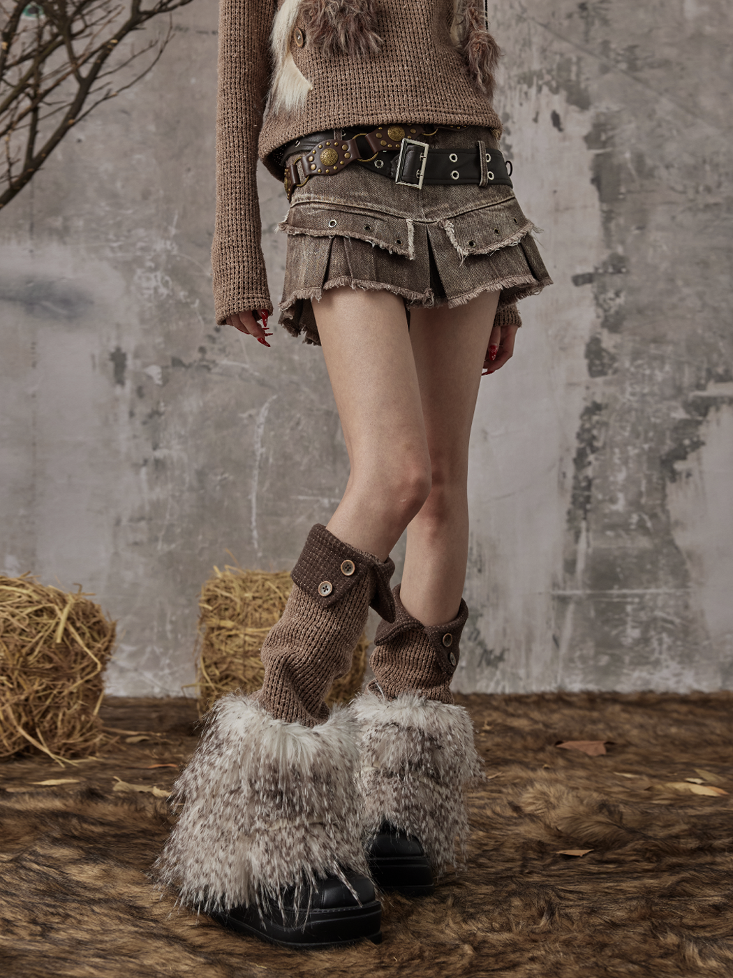 Patchwork Knit Button Fuzzy Leg Warmers