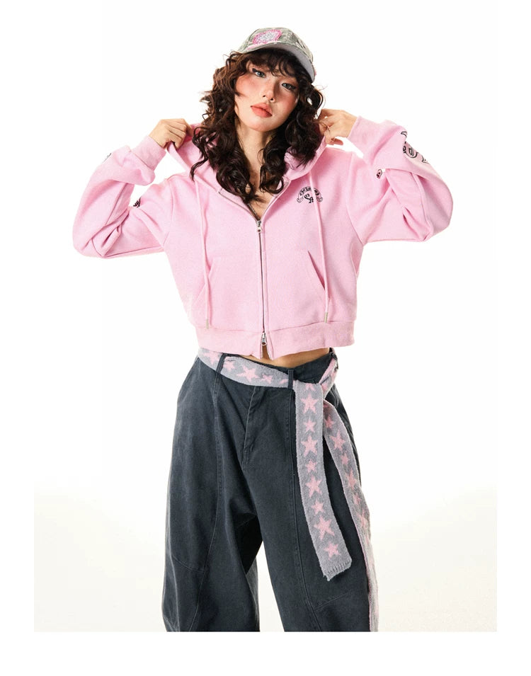 Gothic Logo Print Cropped Zipper Hoodie