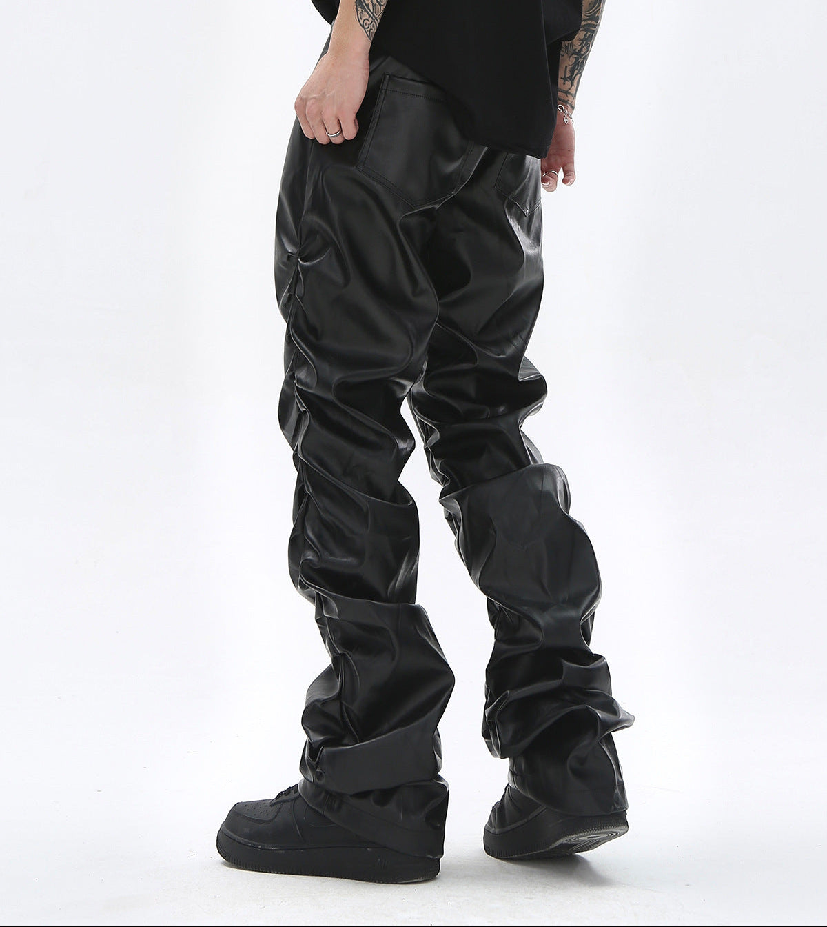PU Leather Pleats Straight Pants