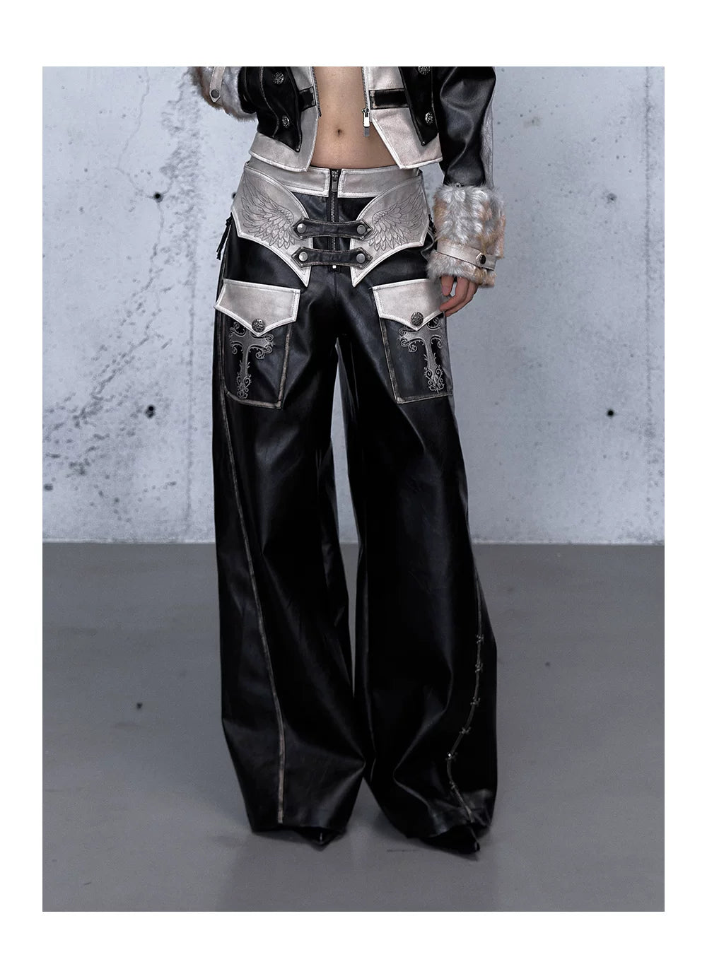 Lace Panel Buckle Detail Wide Leg PU Leather Pants