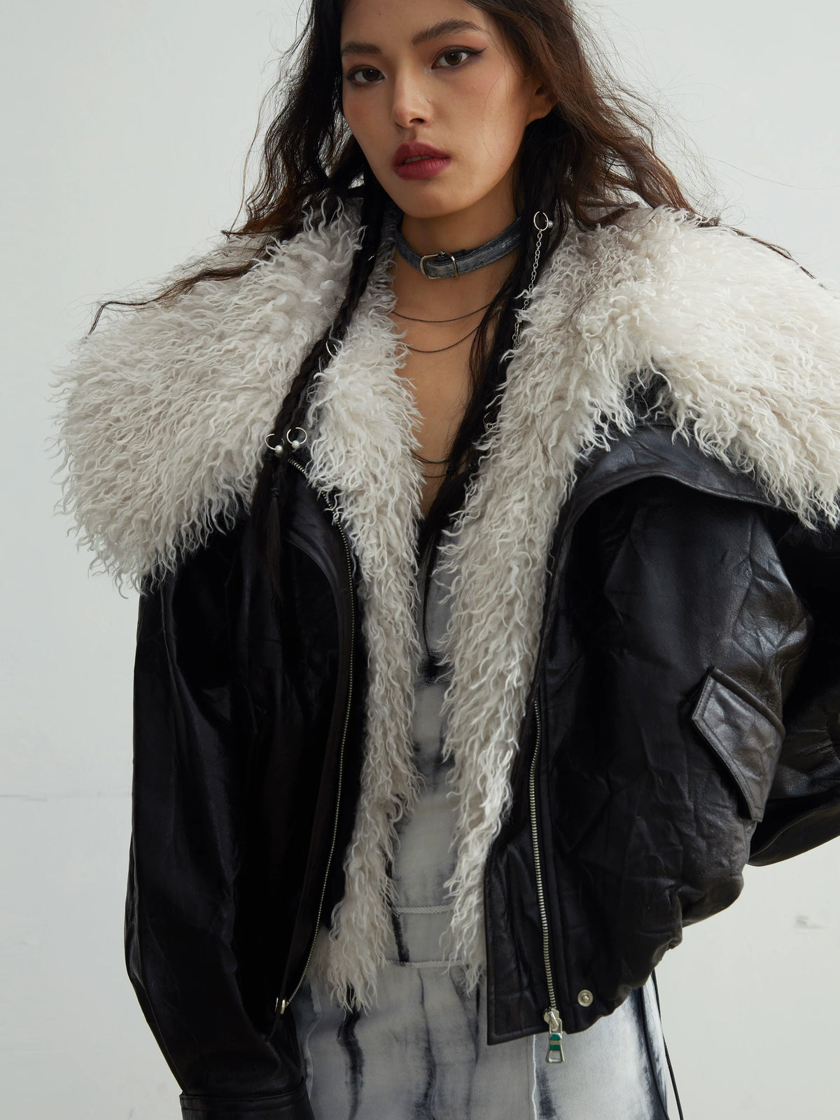Detachable Large Fur Collar PU Leather Jacket