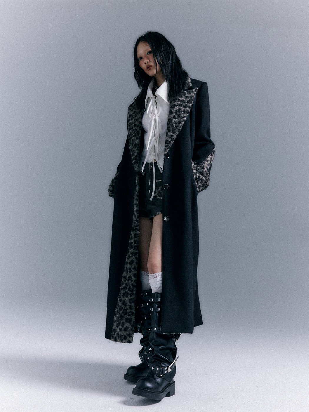 Shoulder Pad Leopard Print Patchwork Wool Coat