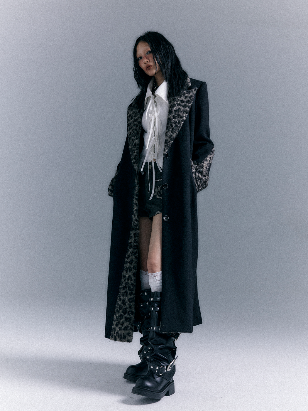 Shoulder Pad Leopard Print Patchwork Wool Coat