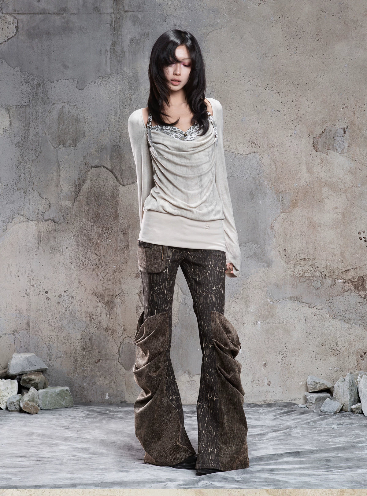 Fake Two-Piece Draped Pleated Mid- Length Slimming Long Sleeve T-Shirts