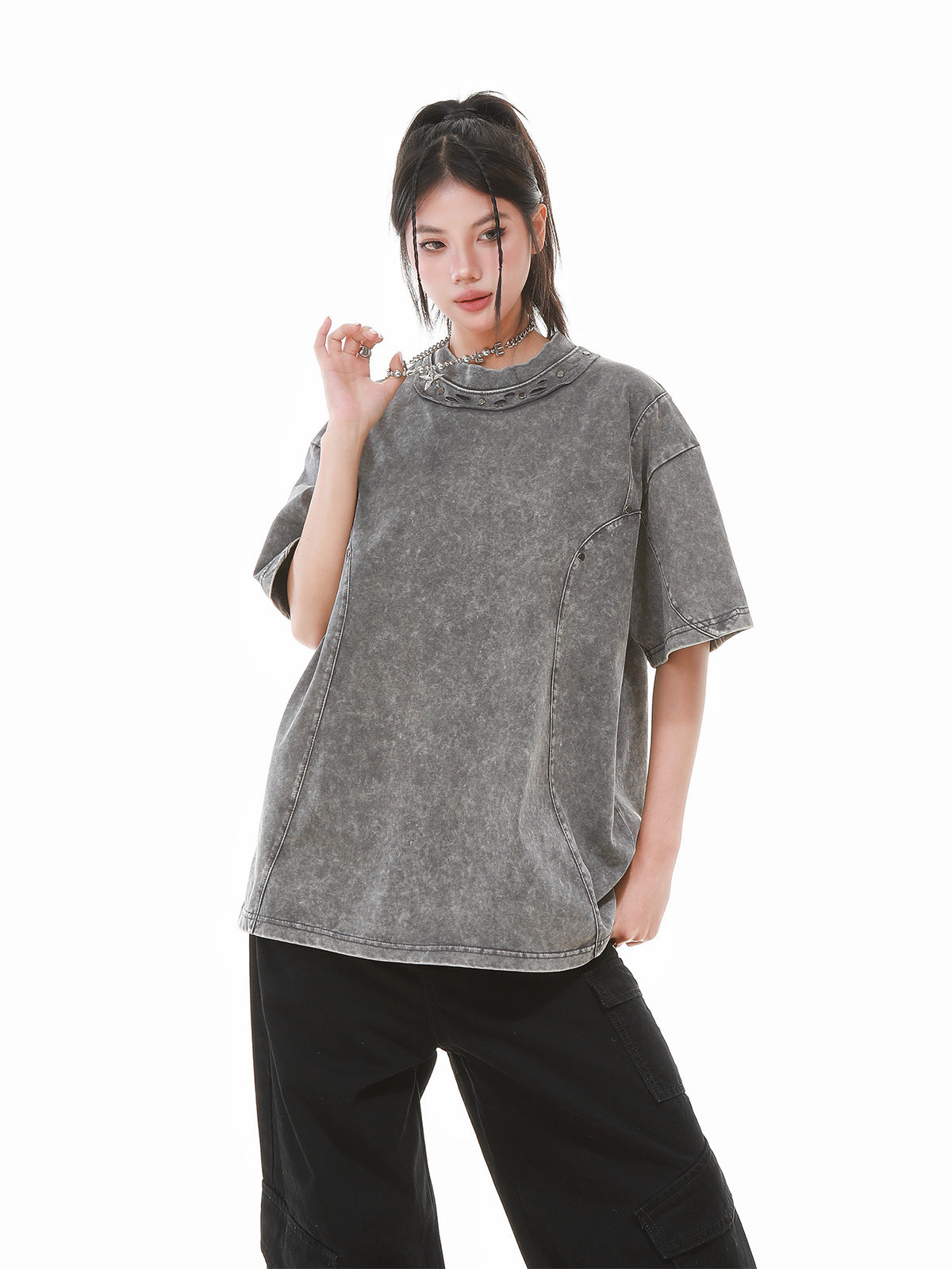 Heavy Washed Fade Stitching Short Sleeve T-Shirt