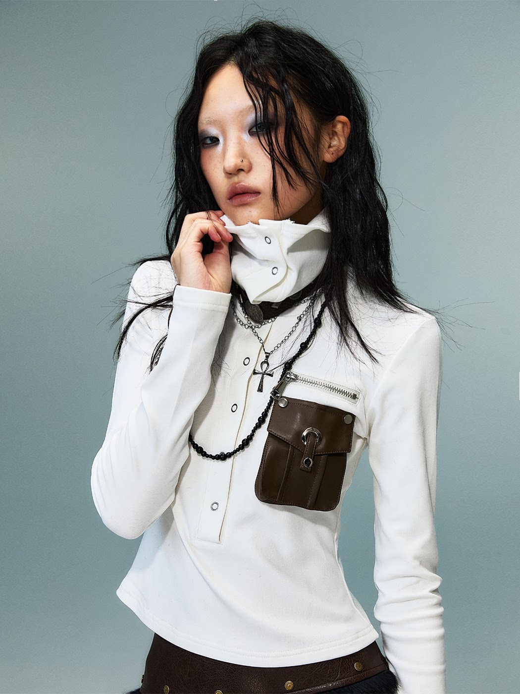 High-Neck Convertible Slim Knit Long Sleeve Shirt