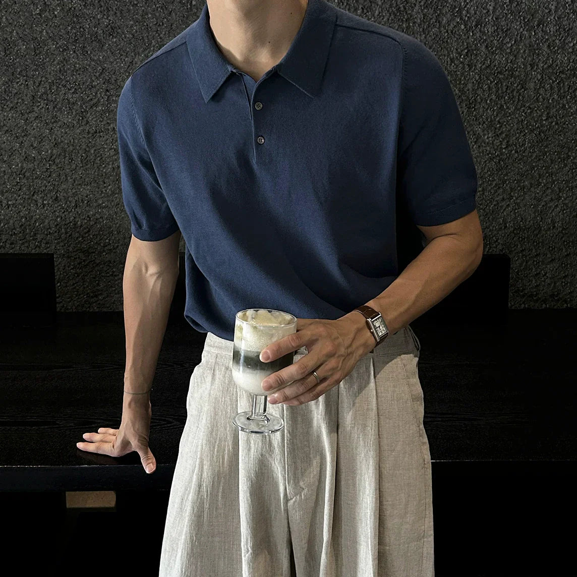 Solid Collar Knit Short Sleeve Polo Shirt