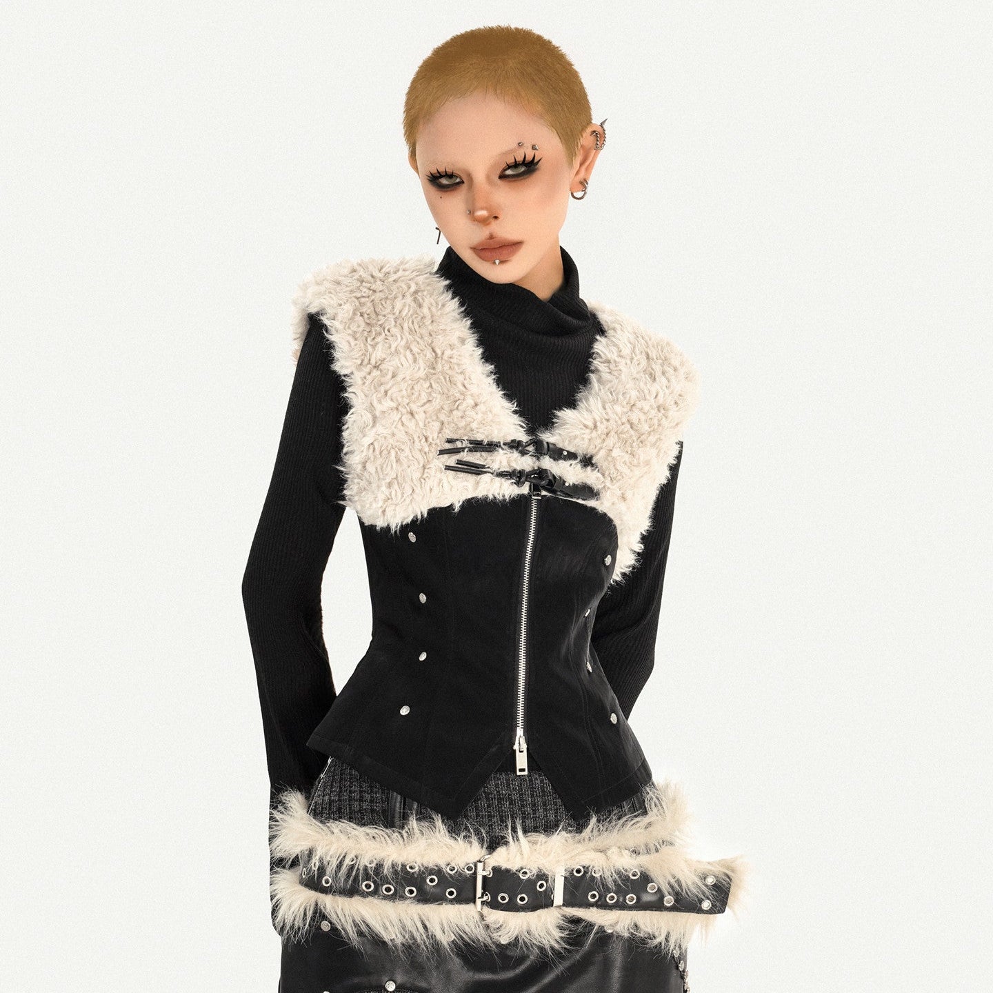 Fake Fur Patchwork V-Neck Slim PU Leather Vest & Ribbed High-Neck Knit Sweater
