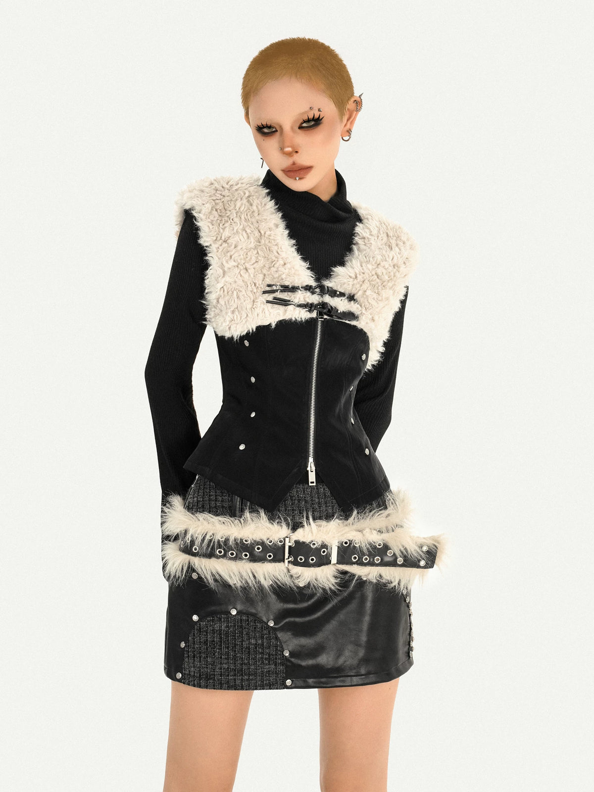 Fake Fur Patchwork V-Neck Slim PU Leather Vest & Ribbed High-Neck Knit Sweater
