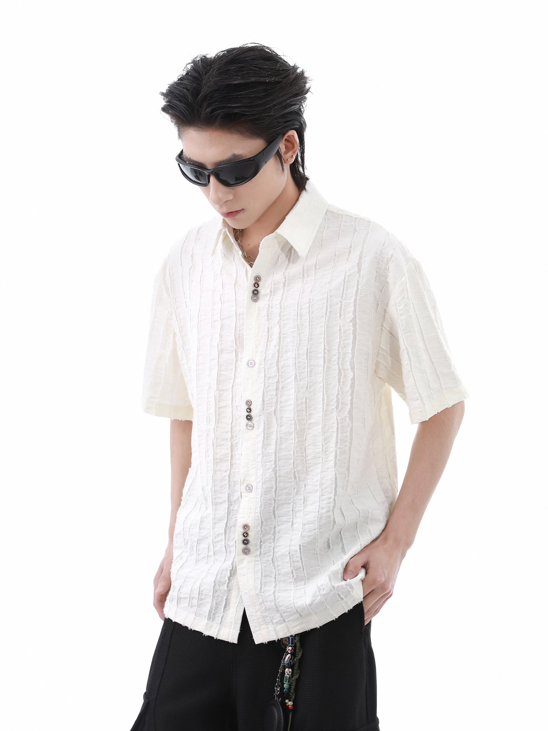 Texture Pleats Design Short Sleeve Shirt