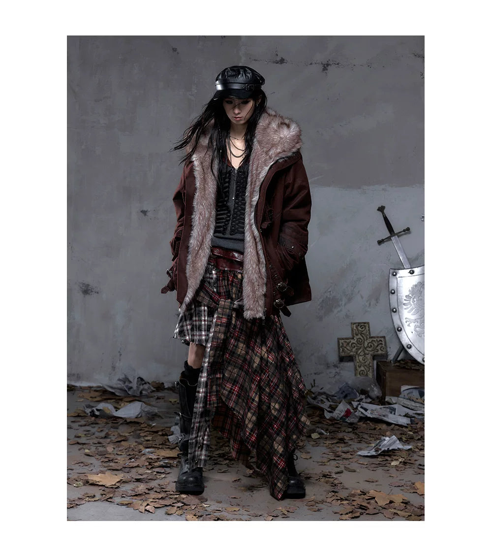 Fake Fur Hooded Multi-Pocket Buckle Detail Jacket