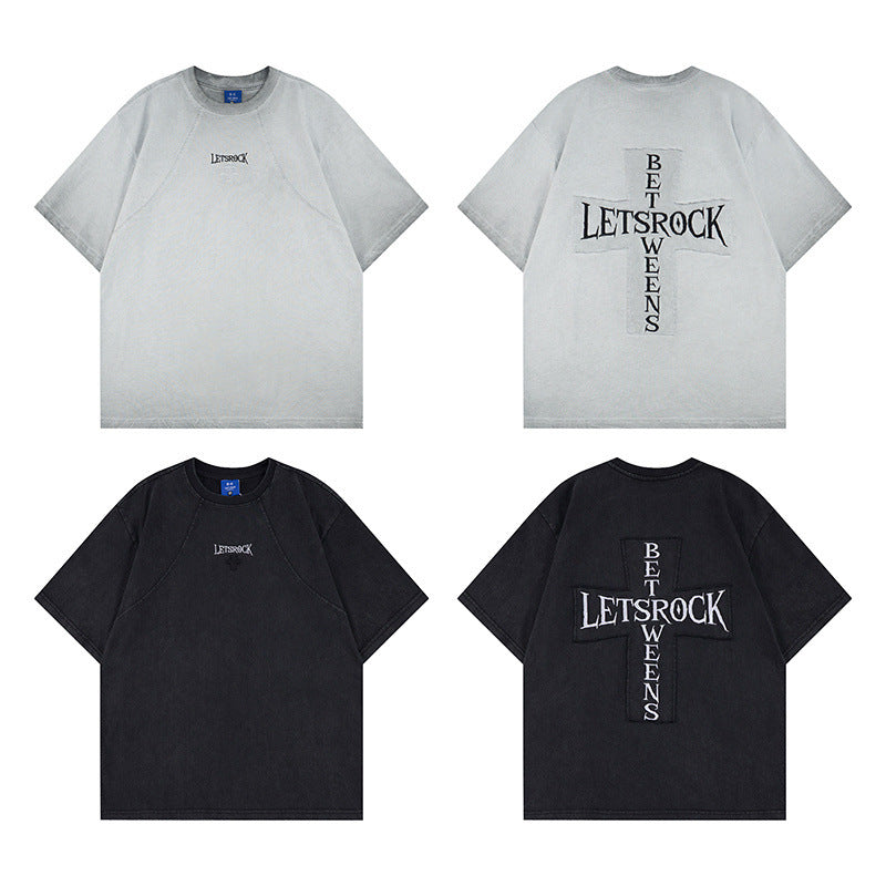 Washed Embroidery Raglan Short Sleeve T-Shirt