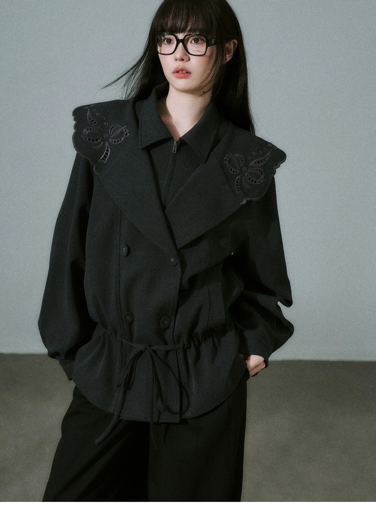 Embroidery Collar Drawstring Waist Double-Breasted Jacket