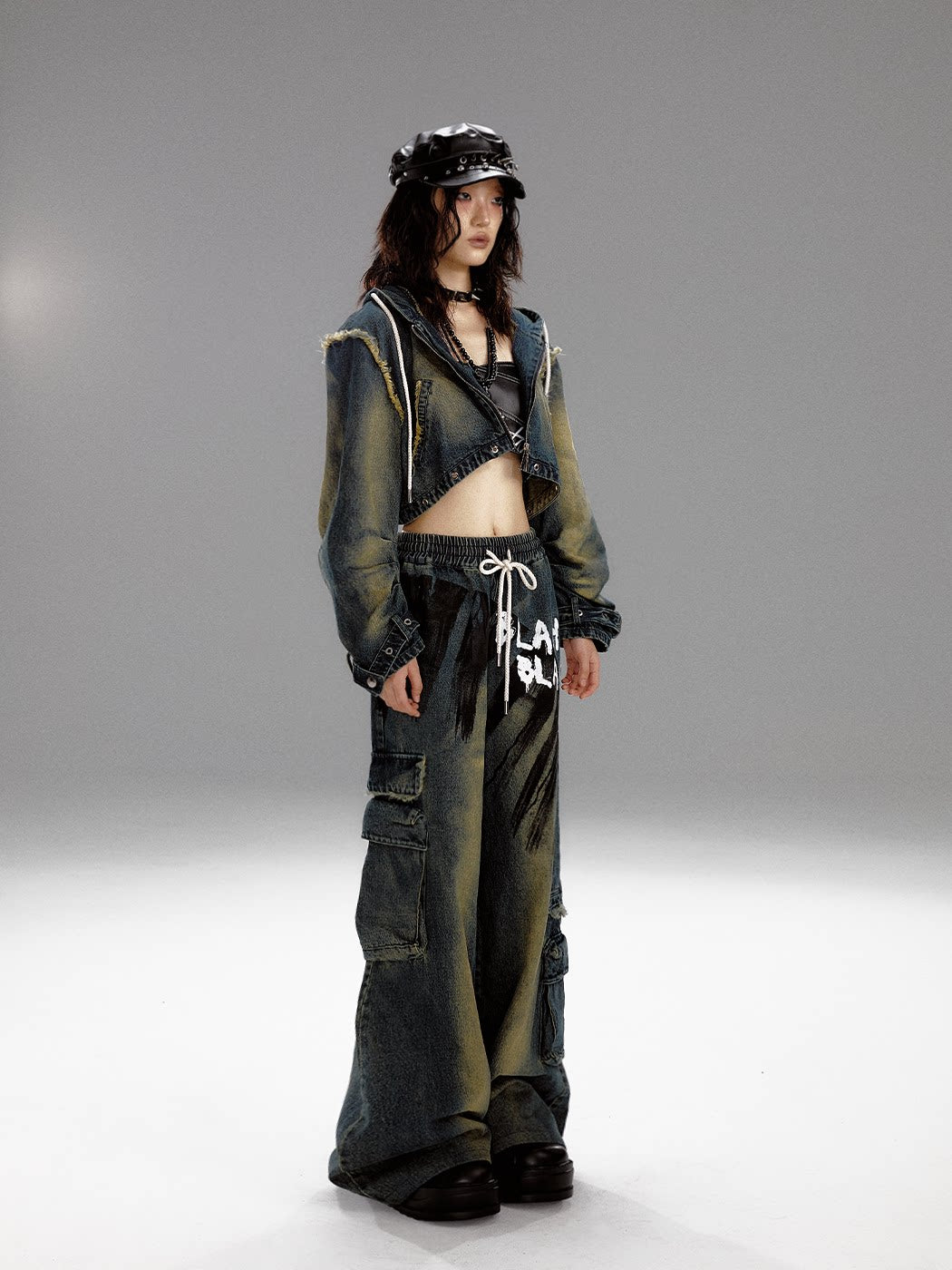 Washed Graffiti Wide-Leg Straight Dnim Jeans
