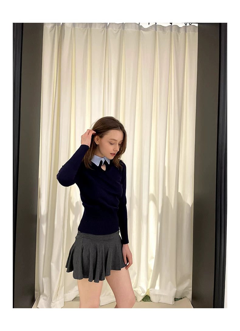 Collar Knit Sweater & Pleats Short Skirt Setup