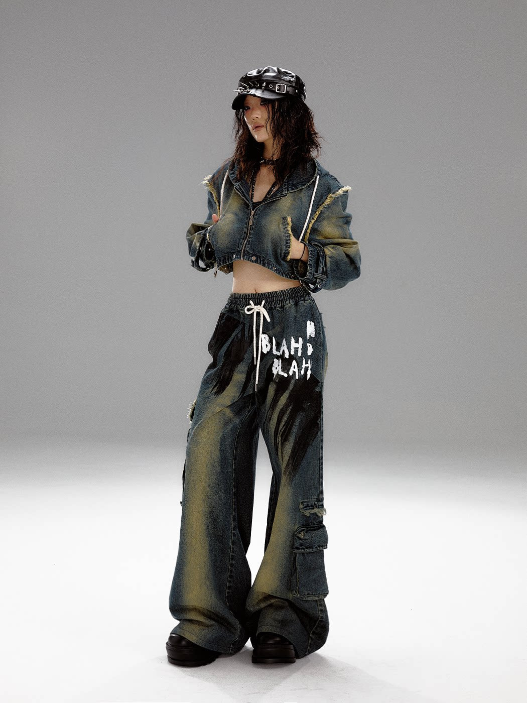 Washed Graffiti Wide-Leg Straight Dnim Jeans