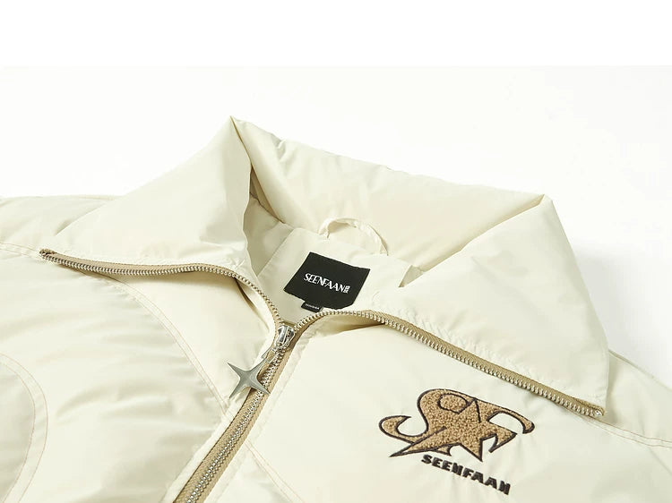Letter Print High-Neck Short White Duck Down Jacket