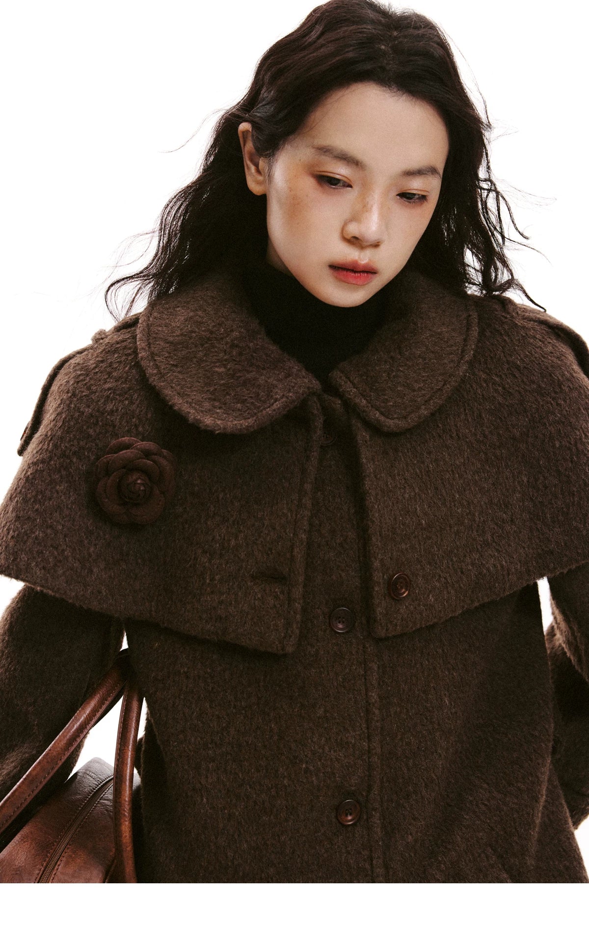 Cape Collar & Flower Detail Belted Coat