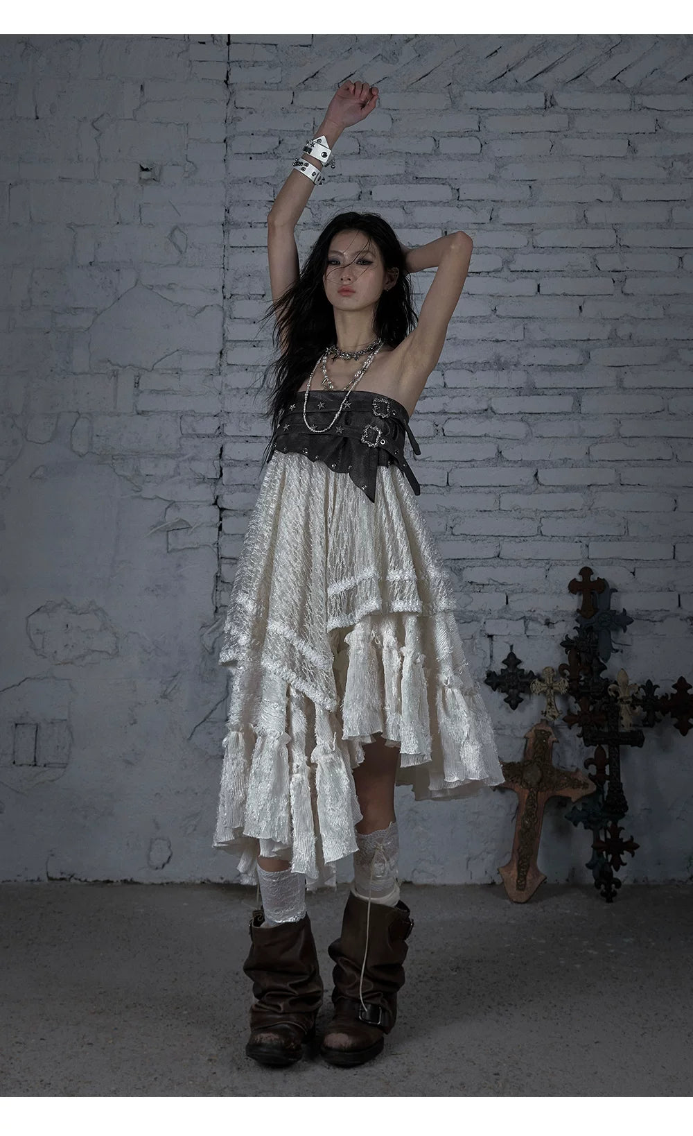 Asymmetric Lace Layered Belt Detail Skirt