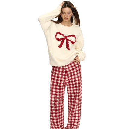 Soft Bow Plaid Pants Pajama Set