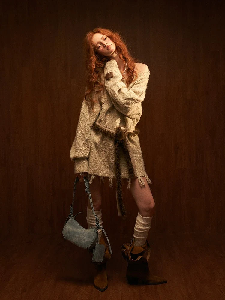 Wool Blend Tassel Knit Sweater & Waist Belt