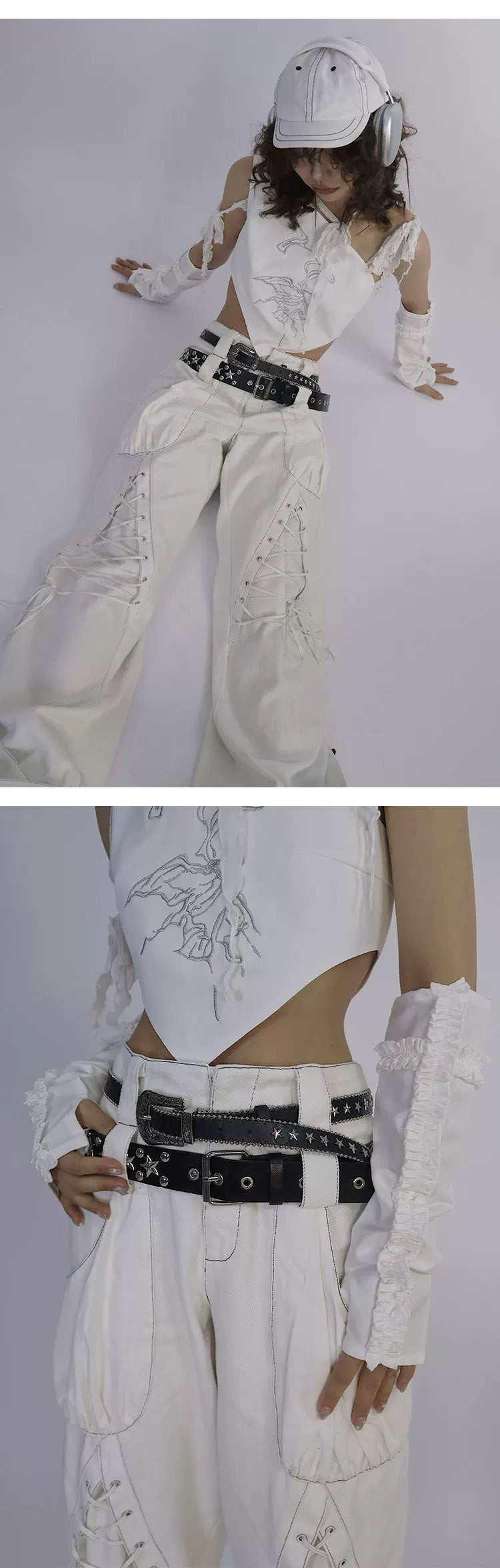 Tie-Strap Double-Waist Wide Leg Denim Jeans & Belt