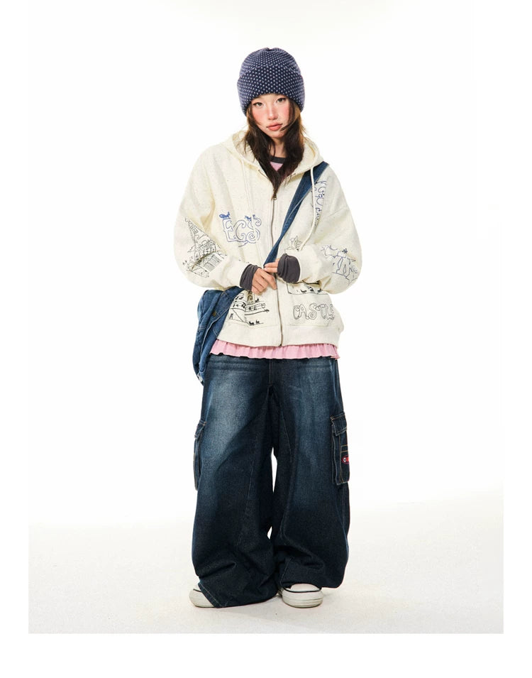 Graphic Print Oversize Zipper Hoodie