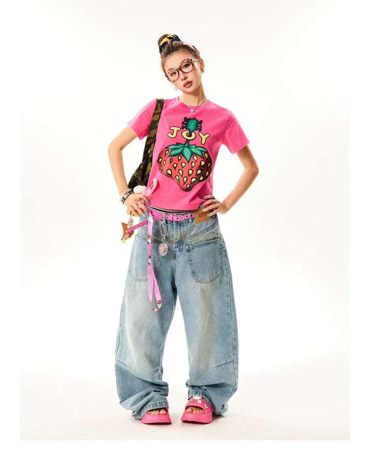 Strawberry Print Cropped Short Sleeve T-Shirt