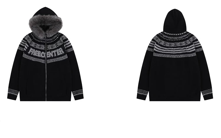 Fair Isle Hooded Detachable Fur Collar Knit Cardigan