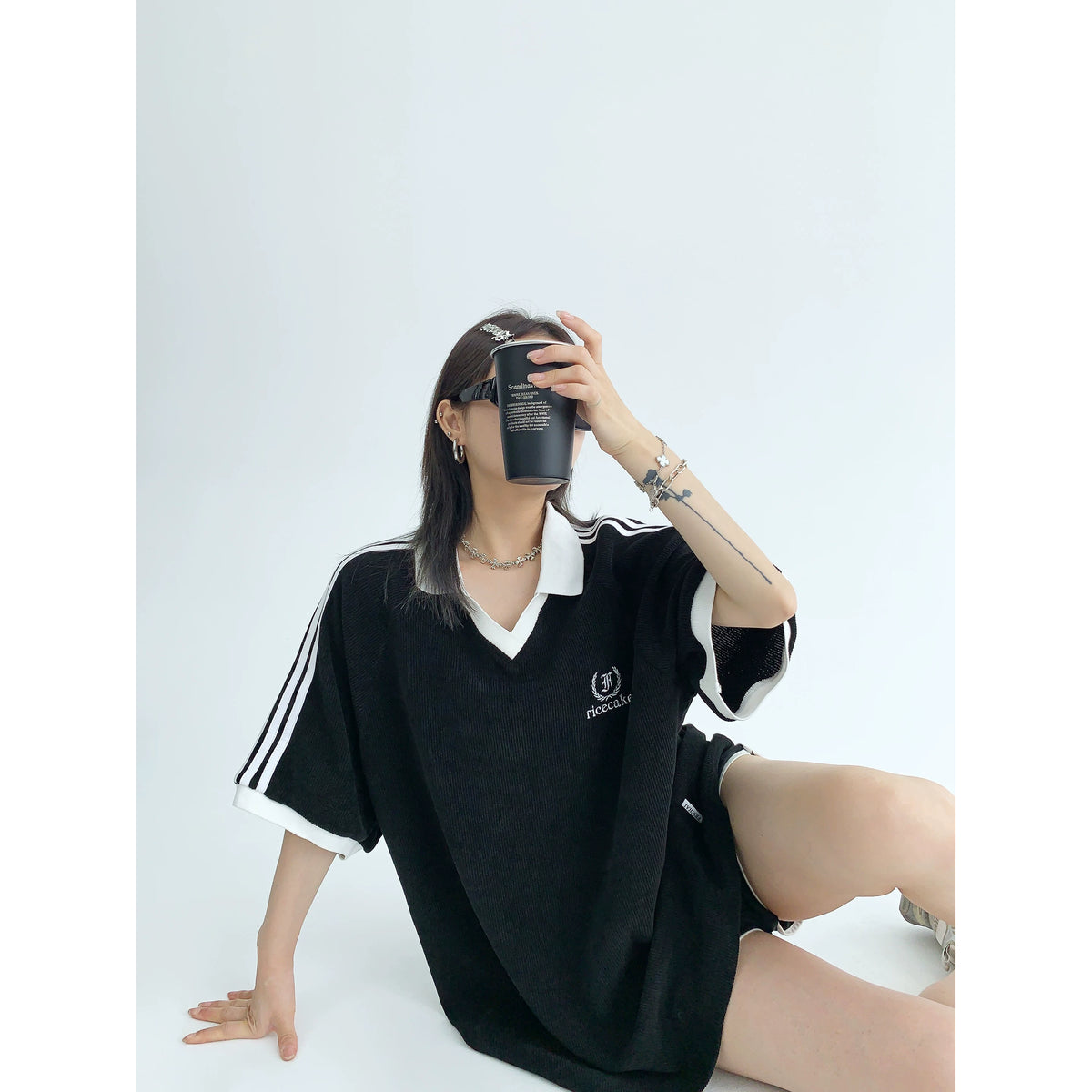 Oversize V-Neck Short Sleeve Polo Shirt