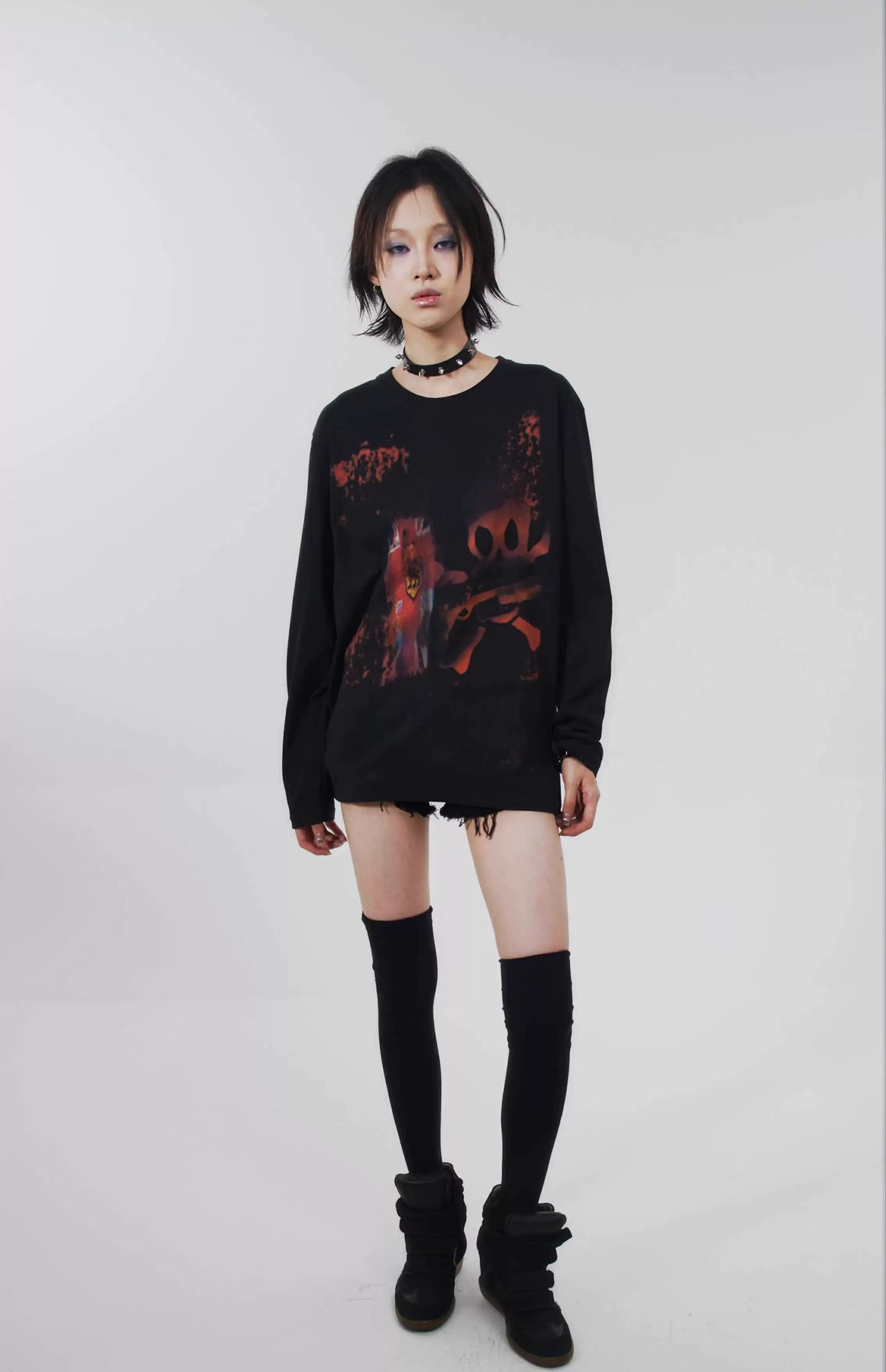 Skull Metal Print Long Sleeve T-Shirt