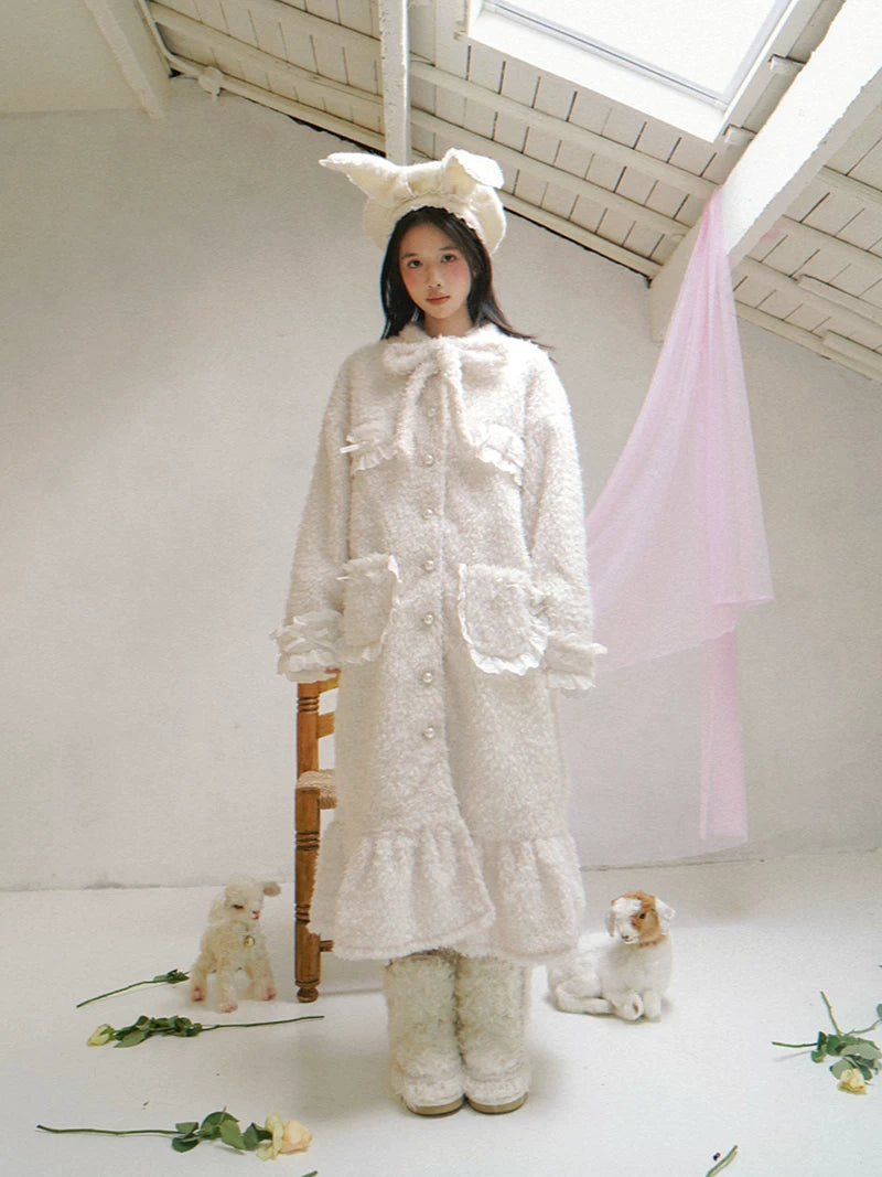 Plush Bow Ruffle Long Coat