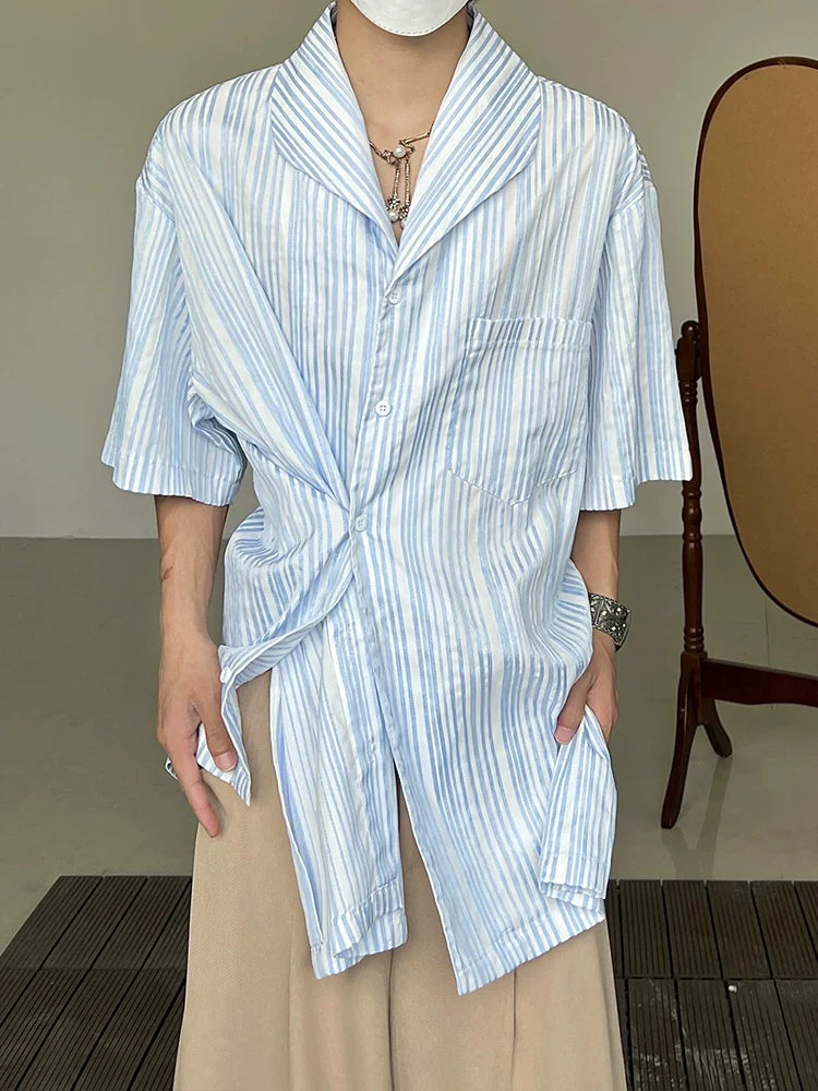 Stripe Irregular Cuban Collar Short Sleeve Shirt