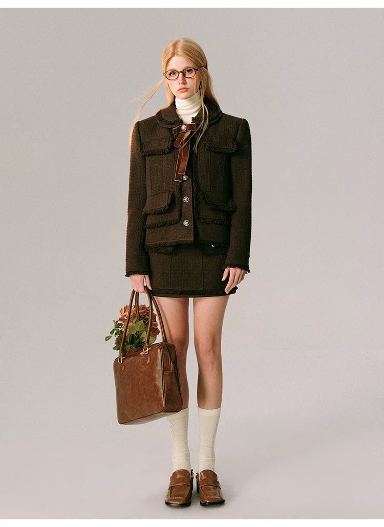Bow Design Wool Blend Jacket & Short Skirt Setup