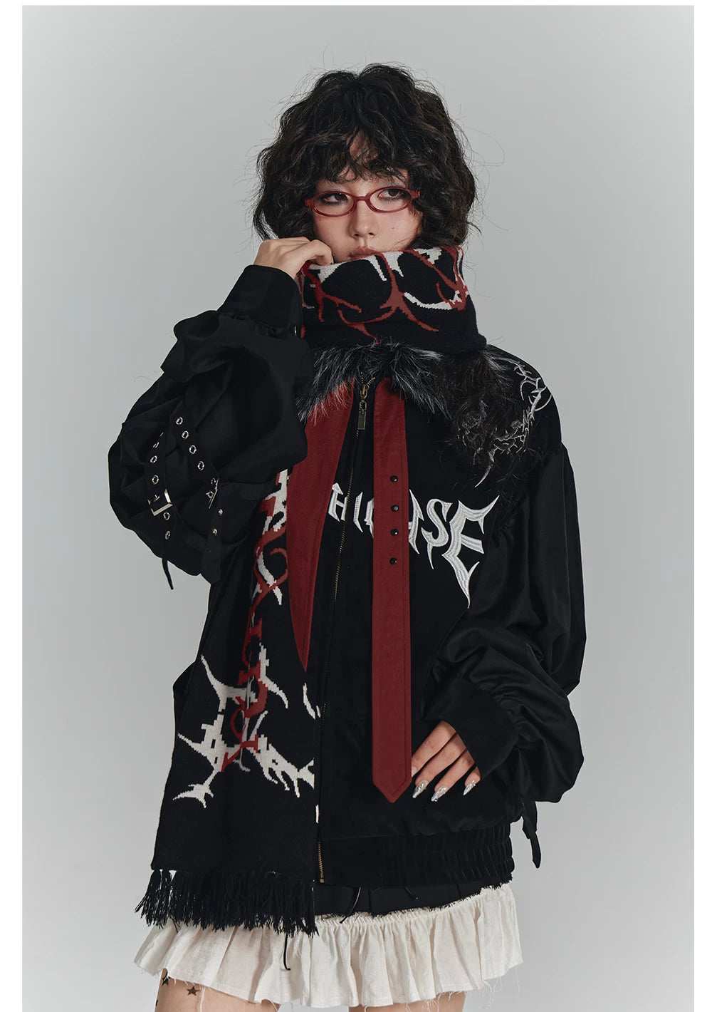 Embroidery Fur Collar Oversize Zipper Jacket