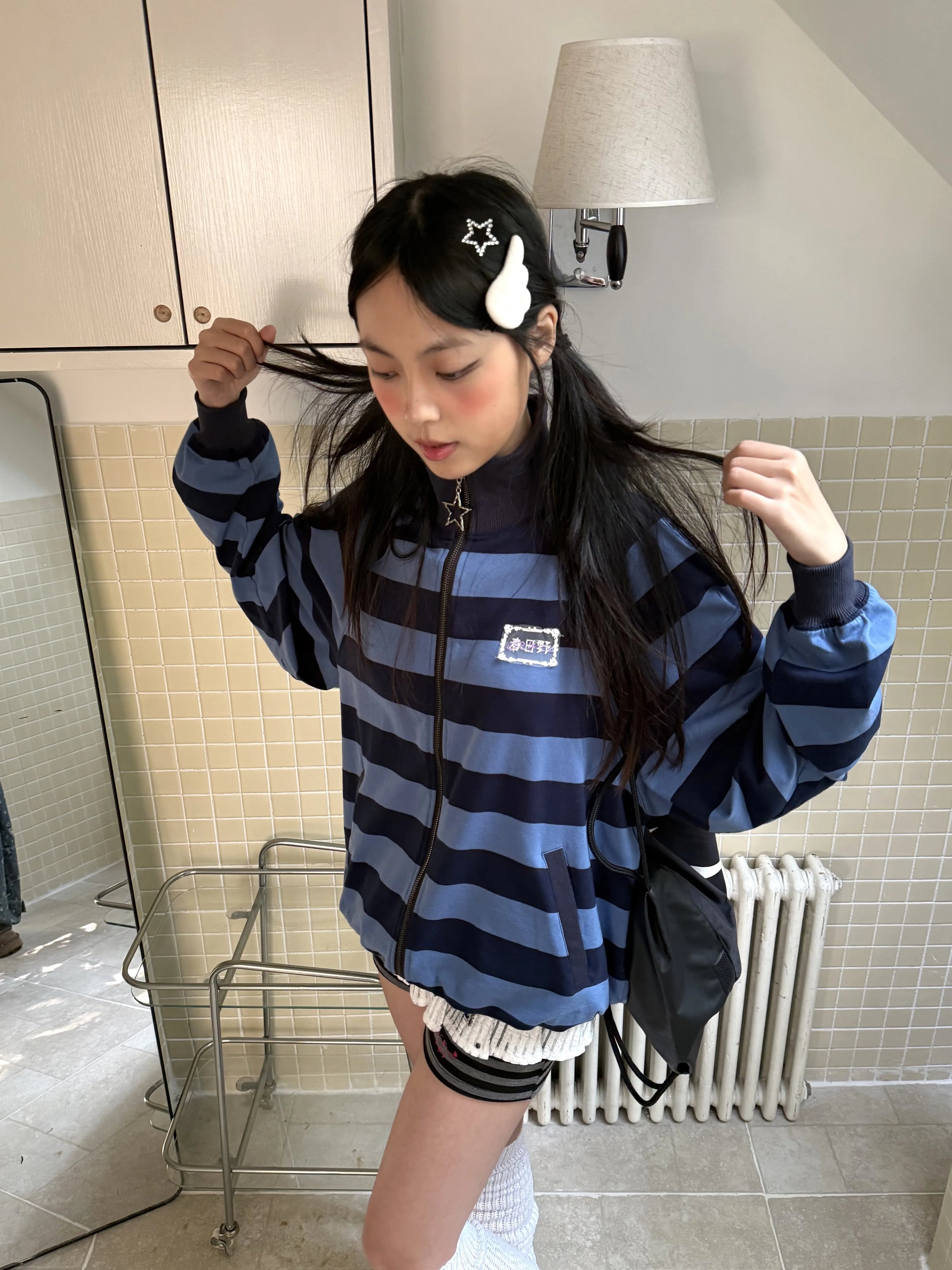 Striped Oversize Stand Collar Zipper Jacket