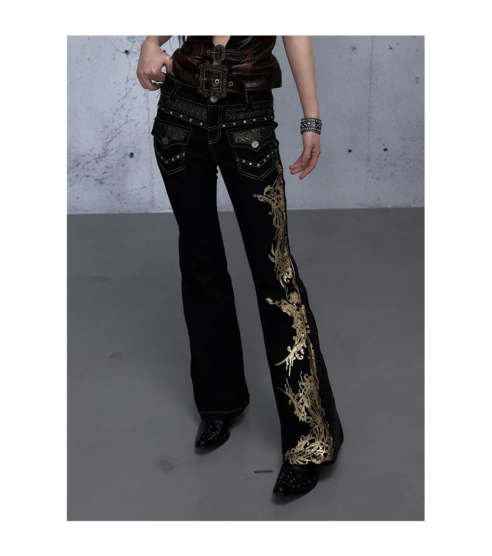 Embroidery Low Rise Straight Denim Jeans